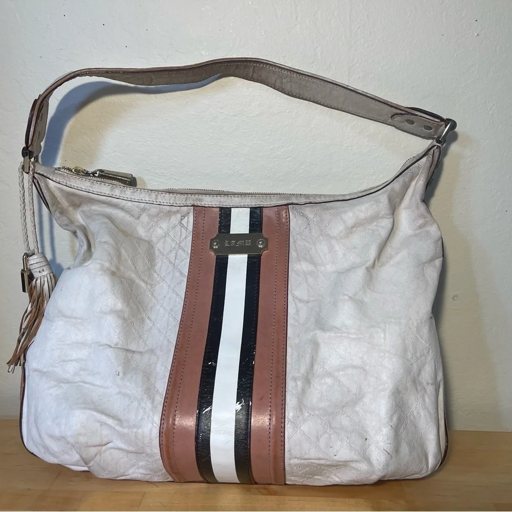 L.A.M.B. White Leather Hobo with Tan and Black Stripes